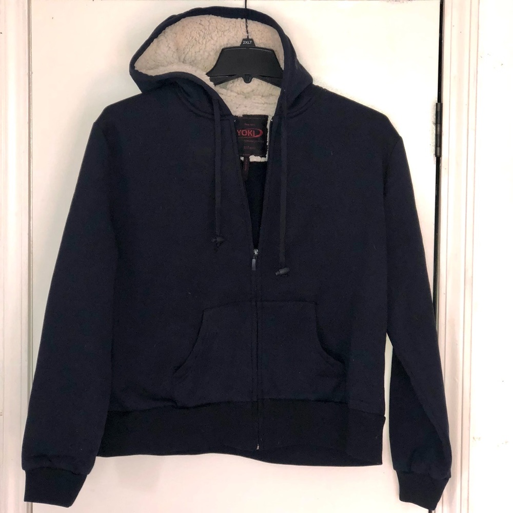 Navy blue zip-up hoodie sweatshirt with faux sheepskin lined hood. NWOT - Picture 2 of 3